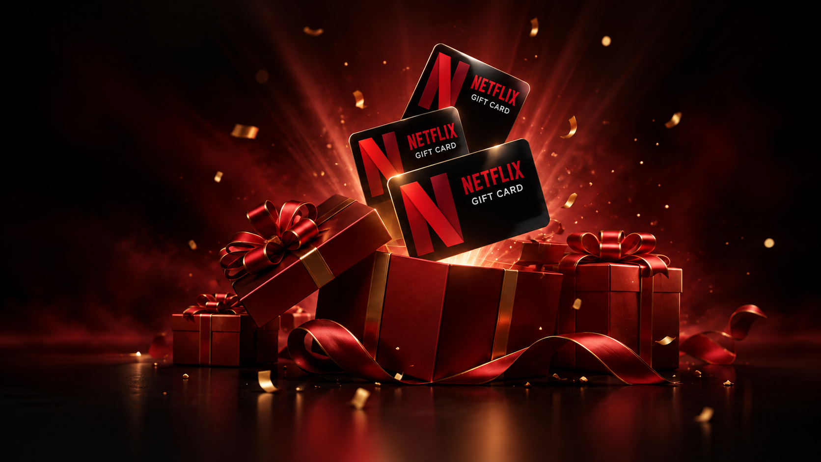 Three branded Netflix gift cards rising from red gift boxes